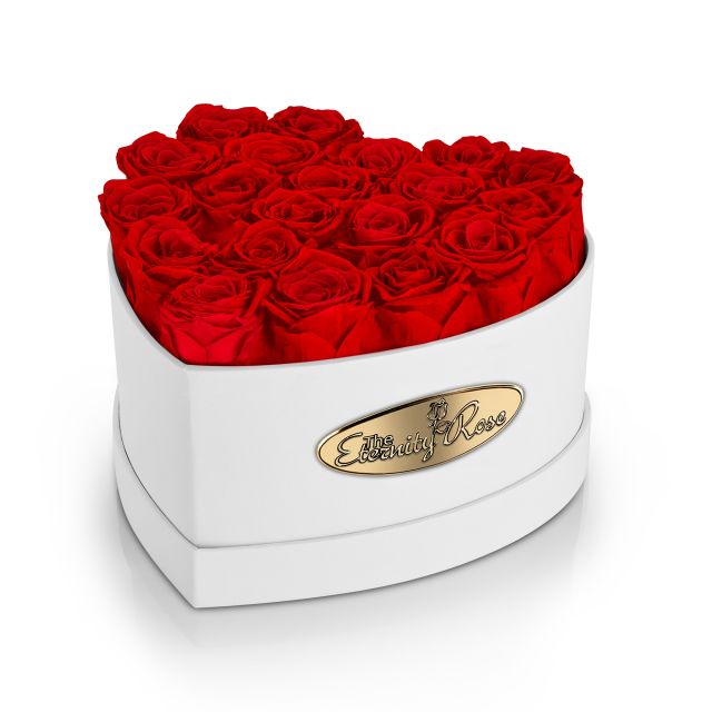 20 Preserved Red Roses Heart Display Box – White