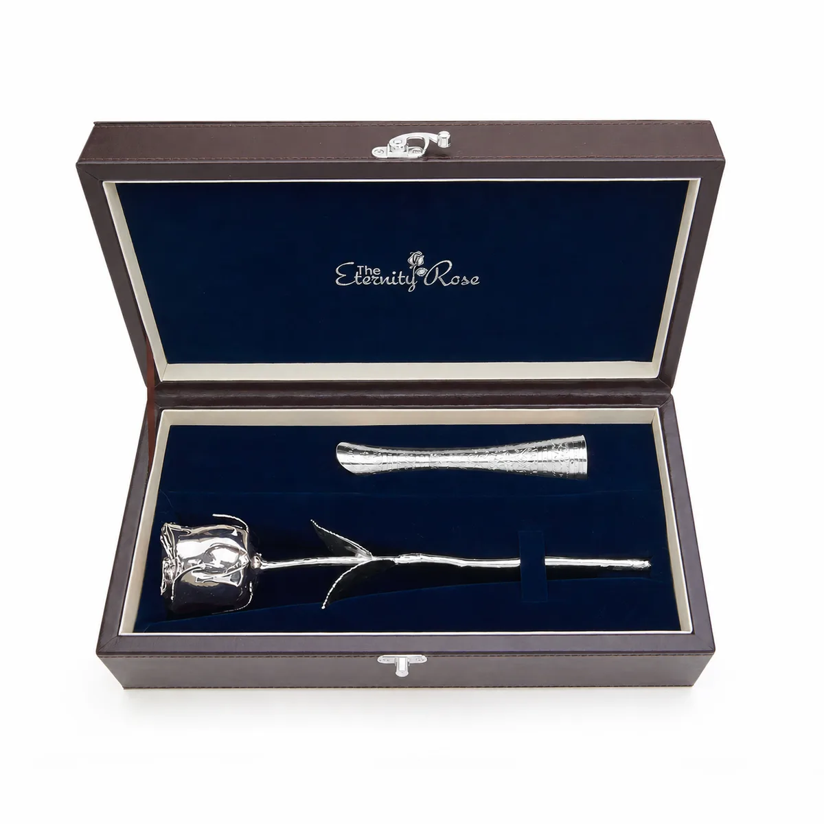 A silver rose and matching vase in a fitted leather presentation case