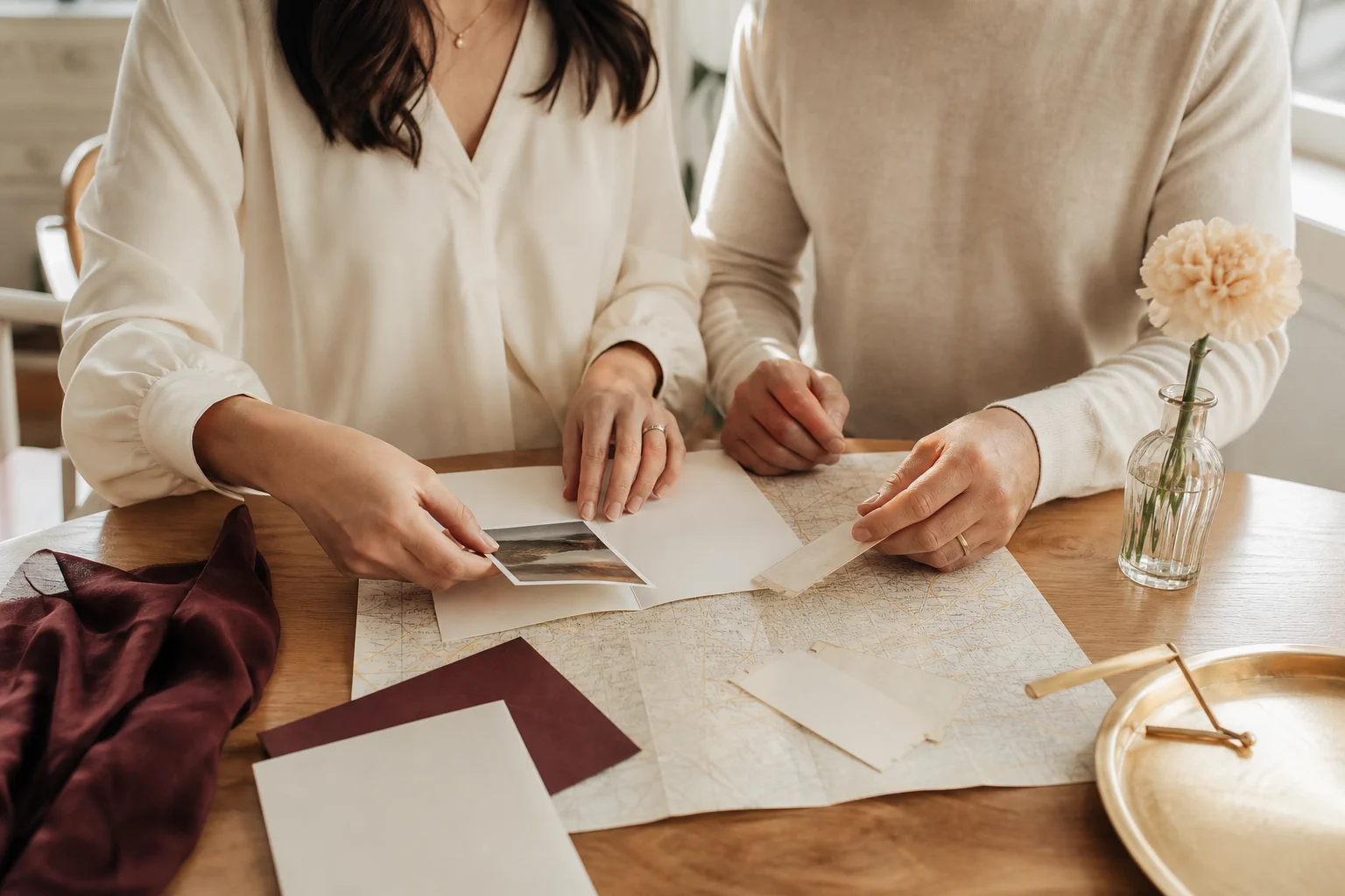 A couple collecting first-year memories on paper